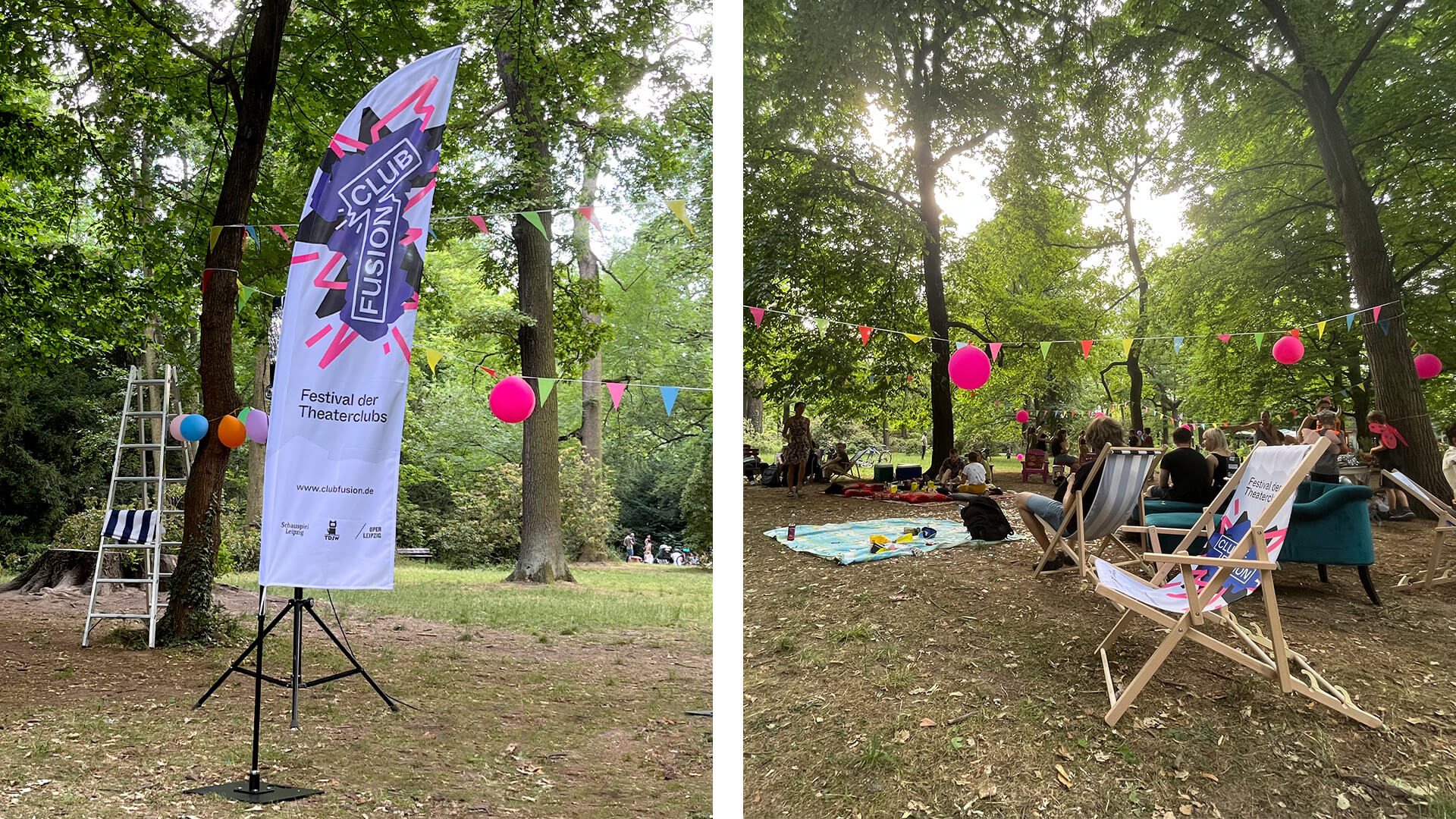 Eine Beachflag und ein Sonnenstuhl im Club-Fusion Design