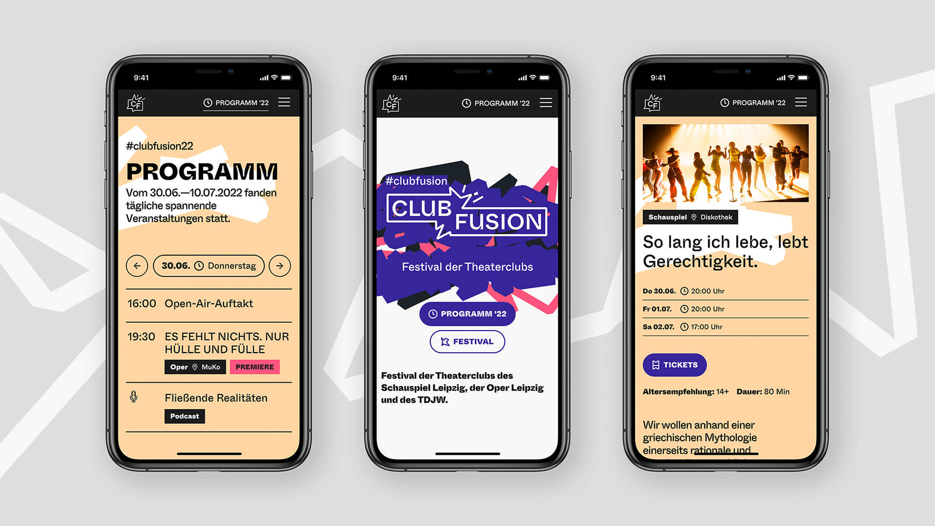 3 mobile Ansichten der Club-Fusion Website