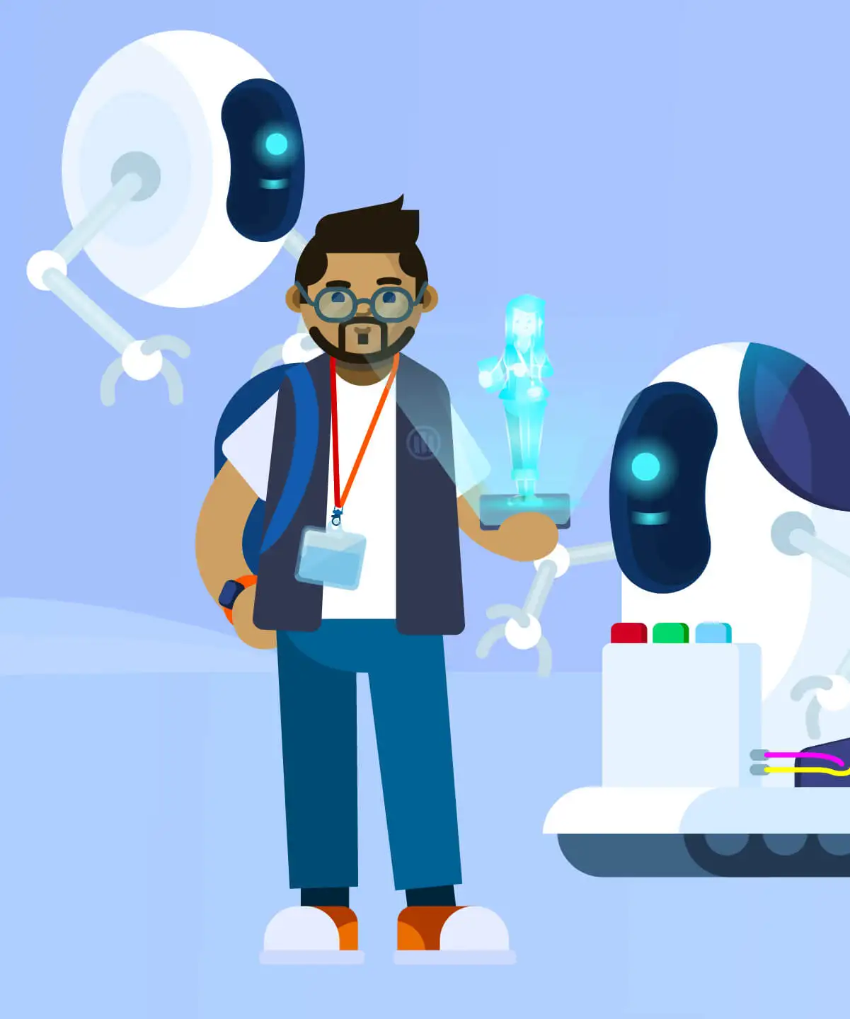 Illustration eines Charakters. Im Hintergrund befinden sich zwei futuristische Roboter.