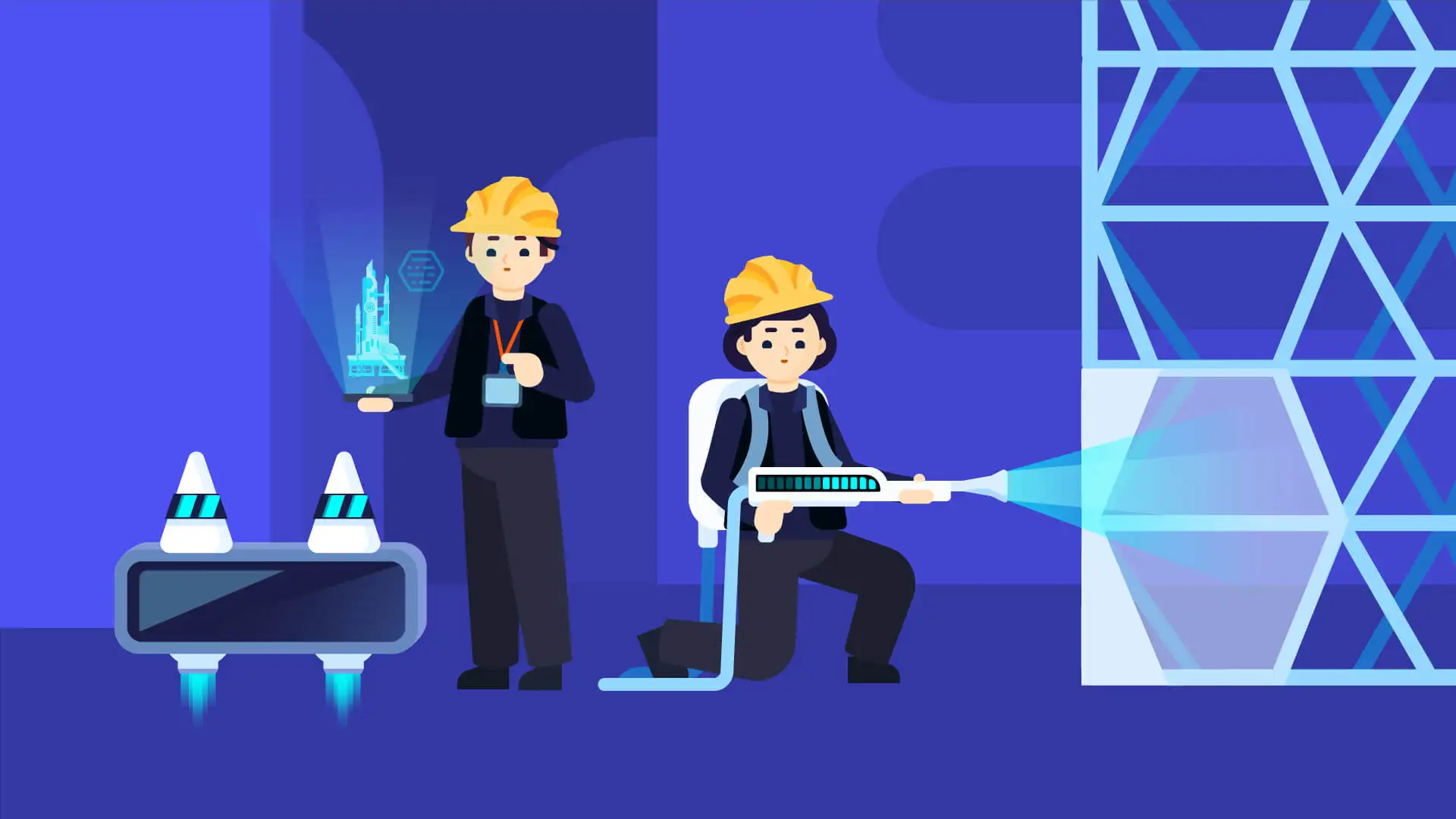 Illustration von 2 Personen auf einer futuristischen Baustelle mit Laserwerkzeug und Hologrammen.