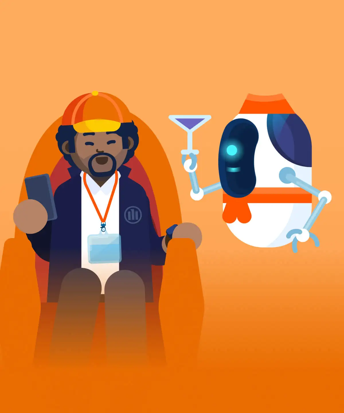 Illustration eines Mannes mit Kappe und Schlüsselband, der auf einem Stuhl sitzt, während ein Roboter neben ihm ein Martini-Glas hält.