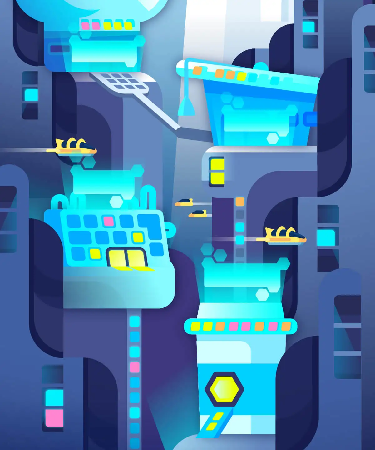 Illustration einer futuristischen Stadt mit verschiedenen Gebäuden und fliegenden Taxis.
