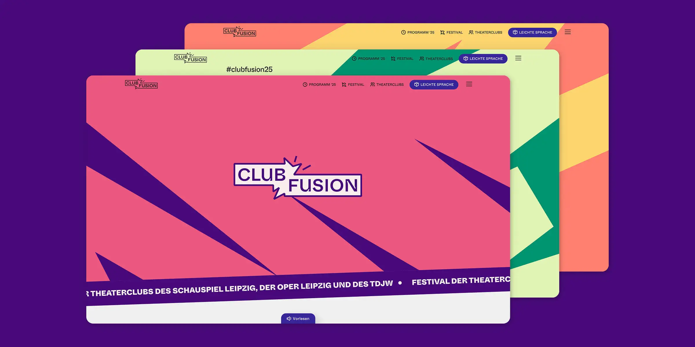 Drei sich überlappende, farbenfrohe Webseiten-Mockups mit Club Fusion-Logo und Navigation.