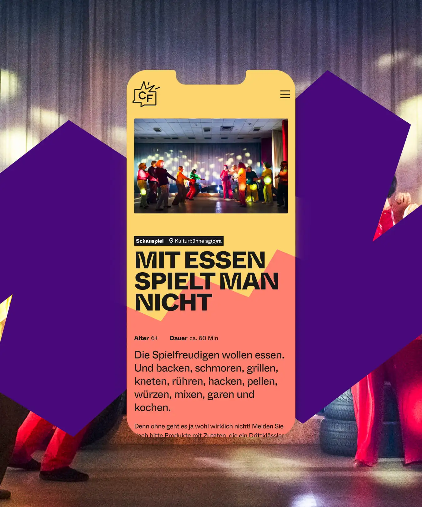 Darstellung der Clubfusion Website auf einem Mobilgerät. Es wird die Seite eines Theaterstücks angezeigt.