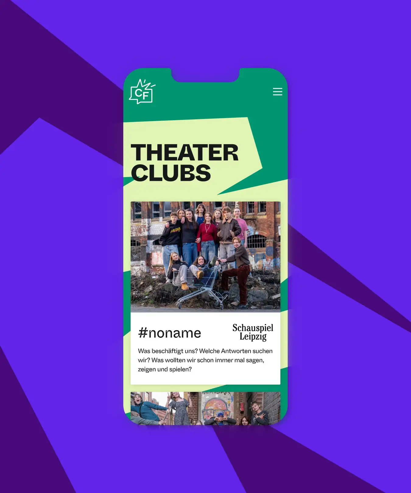 Darstellung der Clubfusion Website auf einem Mobilgerät. Es wird die Seite Theaterclubs angezeigt.