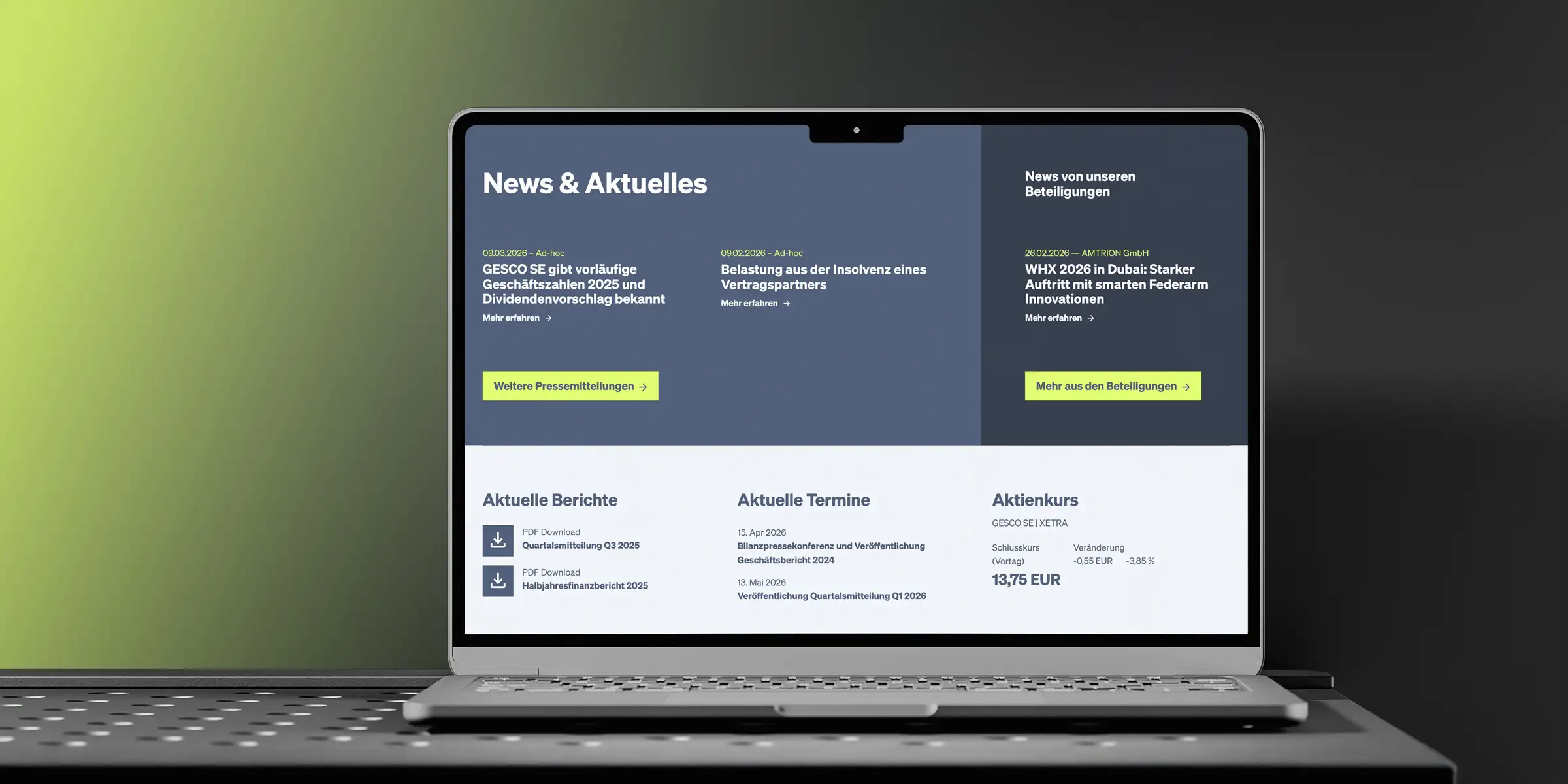 Laptop-Bildschirm mit einer Wirtschaftsnachrichten-Sektion, die Abschnitte für Nachrichten, Berichte, Daten und Aktienkurse enthält.