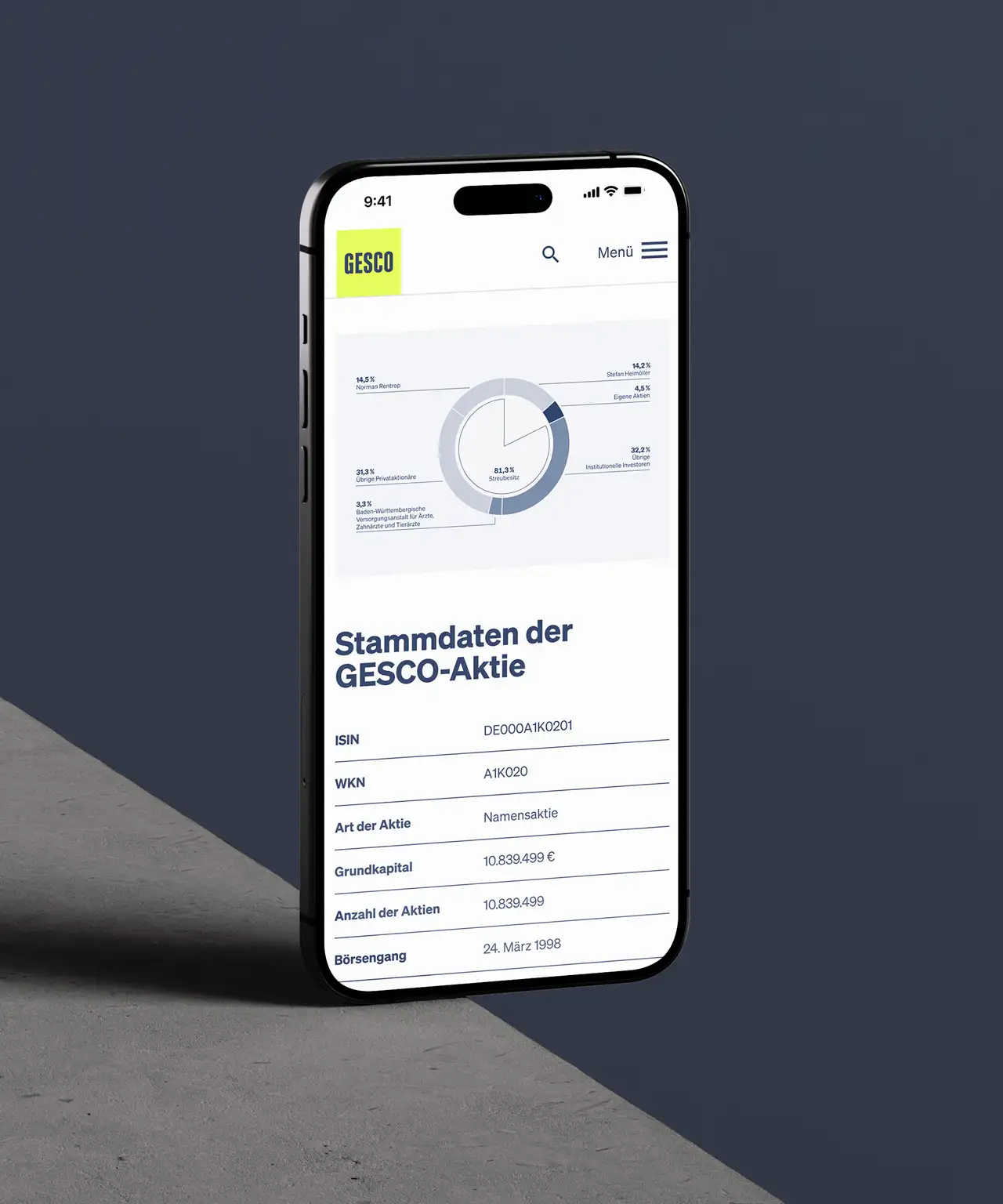 Smartphone mit GESCO-Aktienstammdaten einschließlich ISIN, WKN, Aktientyp, Aktienkapital, Anzahl der Aktien und IPO-Datum mit einem Tortendiagramm der Aktionärsverteilung.