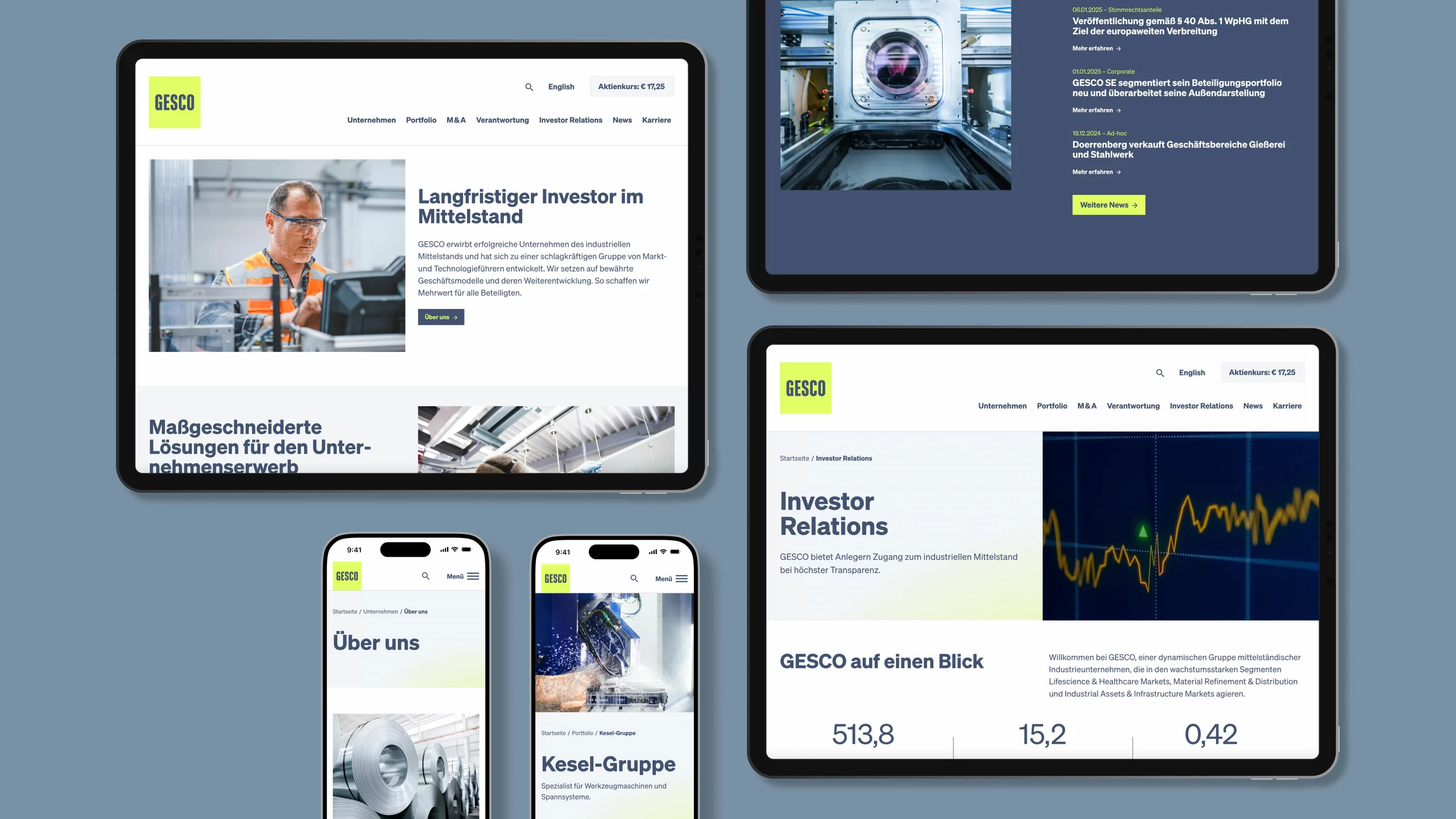 Mehrere Geräte zeigen Seiten der GESCO-Unternehmenswebsite zu den Themen Investor Relations, Unternehmensübersicht und Portfolio an.