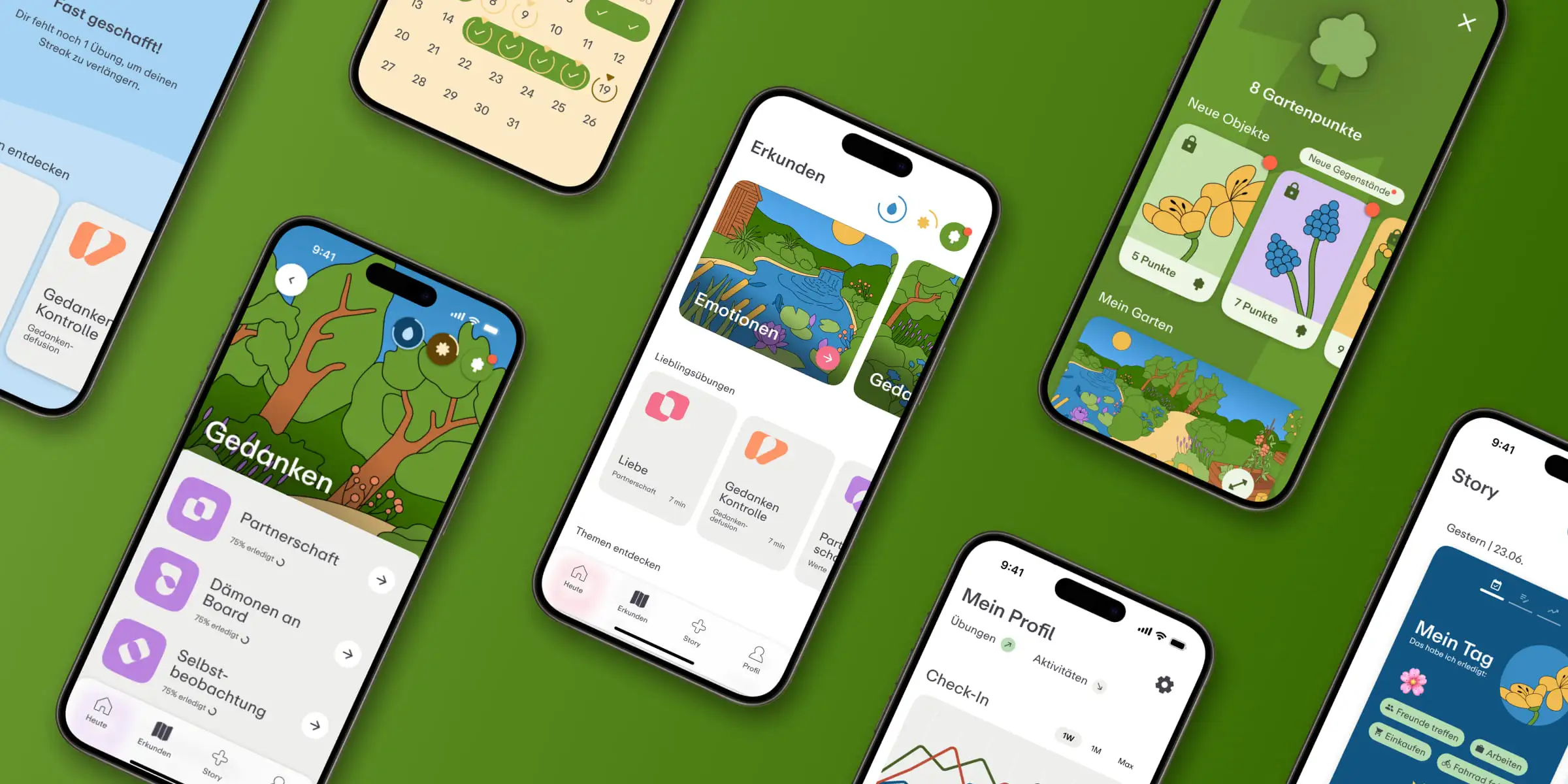 Mehrere Smartphone-Bildschirme zeigen eine Wellness-App zum Thema Garten in deutscher Sprache mit Abschnitten wie Emotionen, Gedanken und täglichen Check-ins.