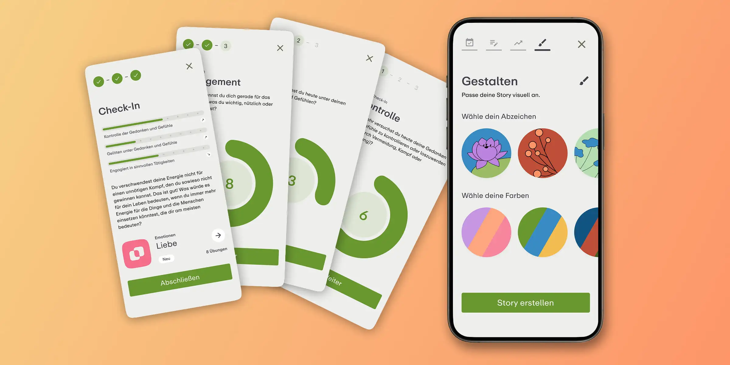 Smartphone-Bildschirme zeigen eine App-Oberfläche mit Fortschritts-Check-ins, Emotions-Tracking sowie anpassbaren visuellen Story-Badges und Farben.