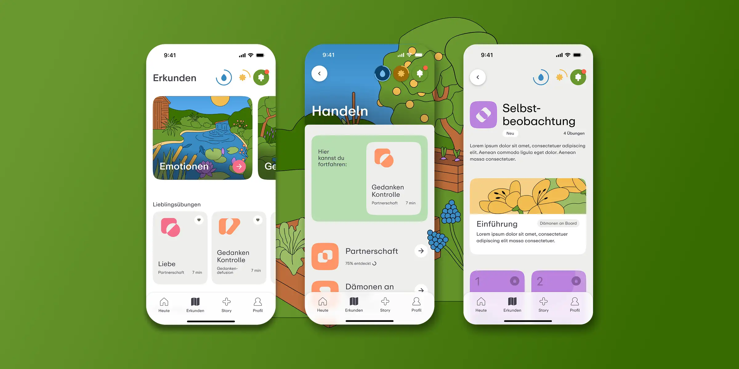 Drei Smartphone-Bildschirme zeigen die Mindgarden App mit Abschnitten für Emotionen, Gedankenkontrolle und Selbstbeobachtungsübungen.