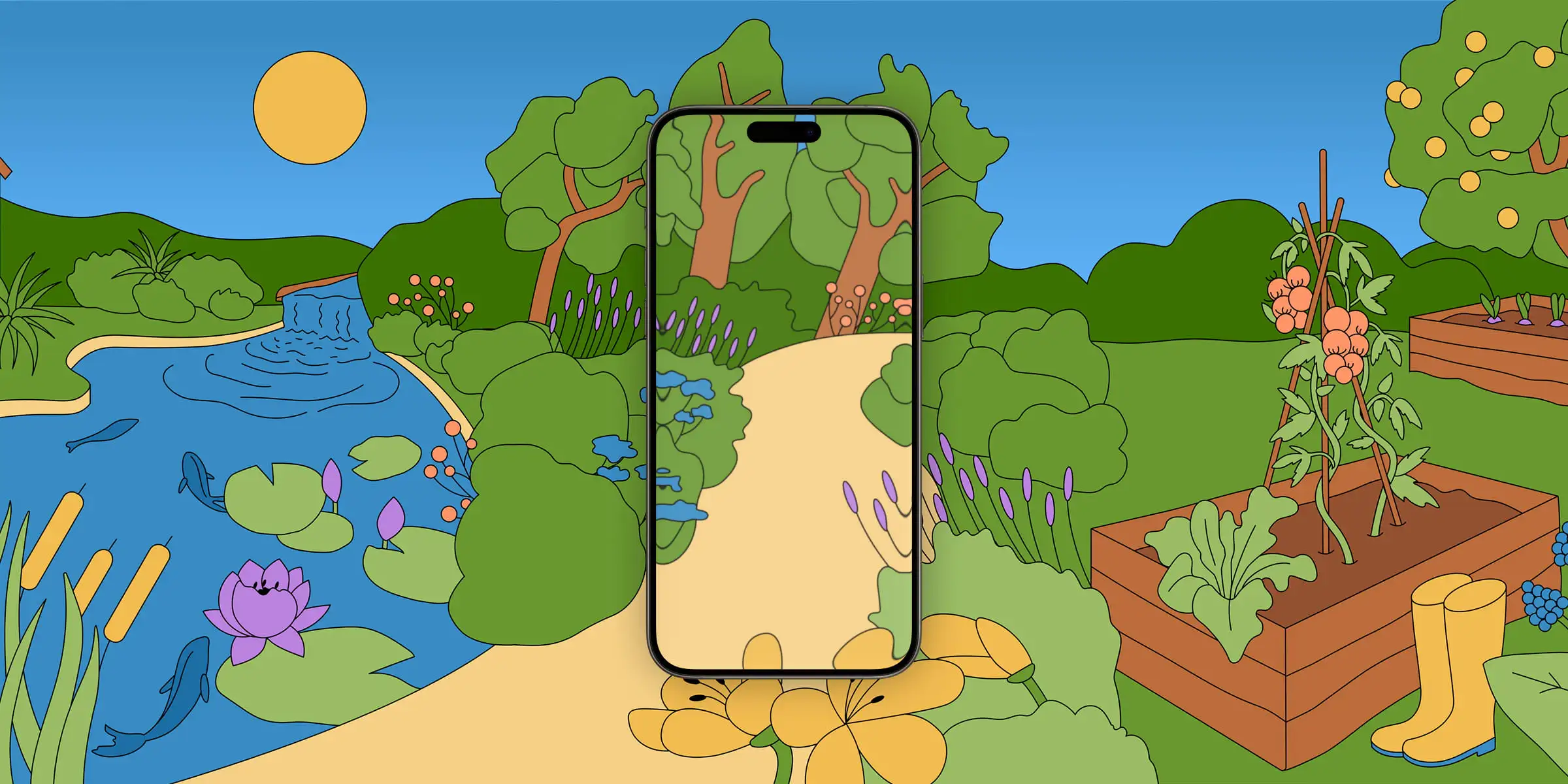 Illustration eines ruhigen Gartens mit Teich, kleinem Wasserfall, Bäumen, Blumen, Sträuchern, einem Weg und Sonne am klaren blauen Himmel. Auf der Illustration liegt ein transparentes Smartphone.