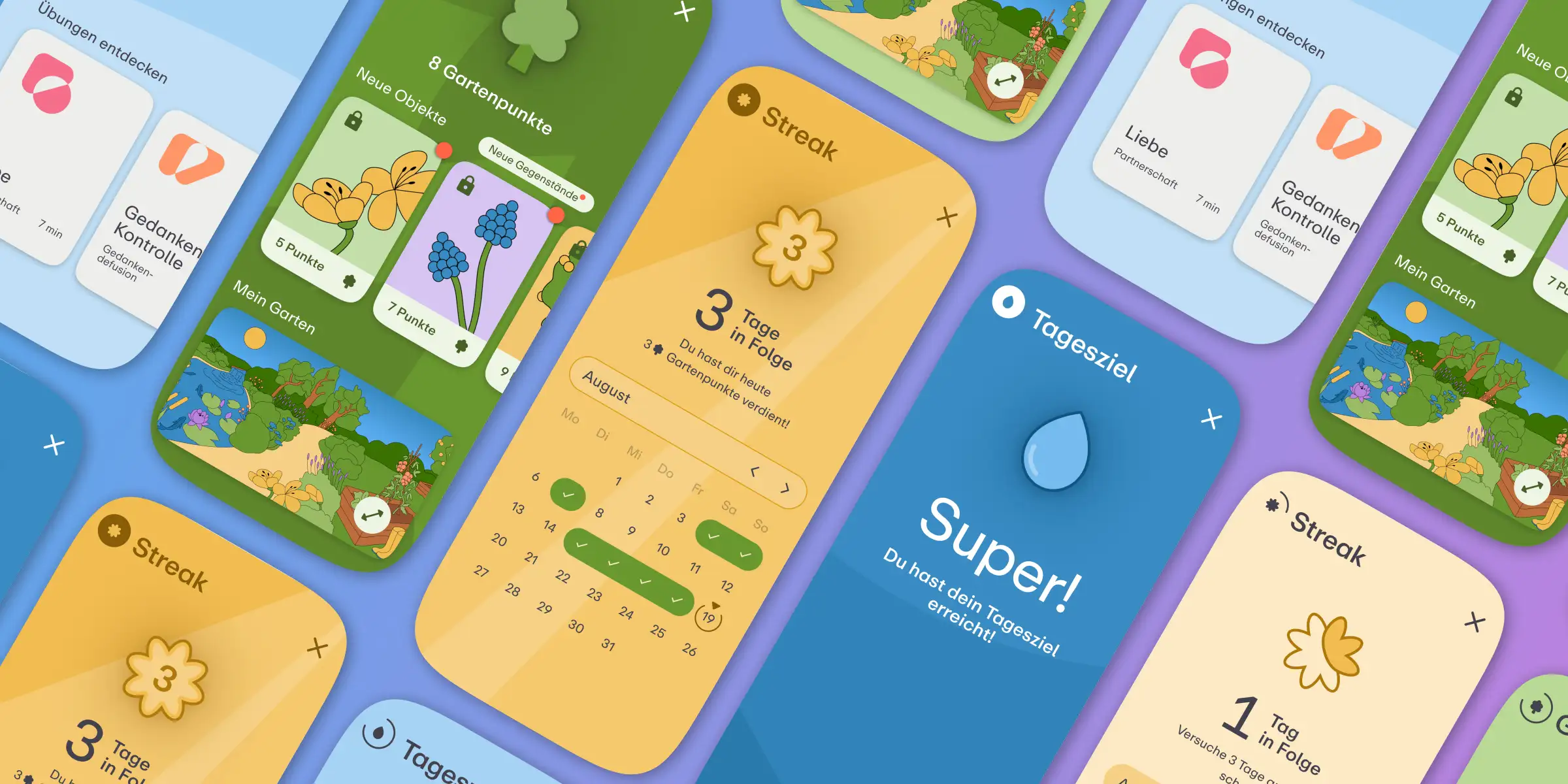Verschiedene App Screens der Mindgarden App