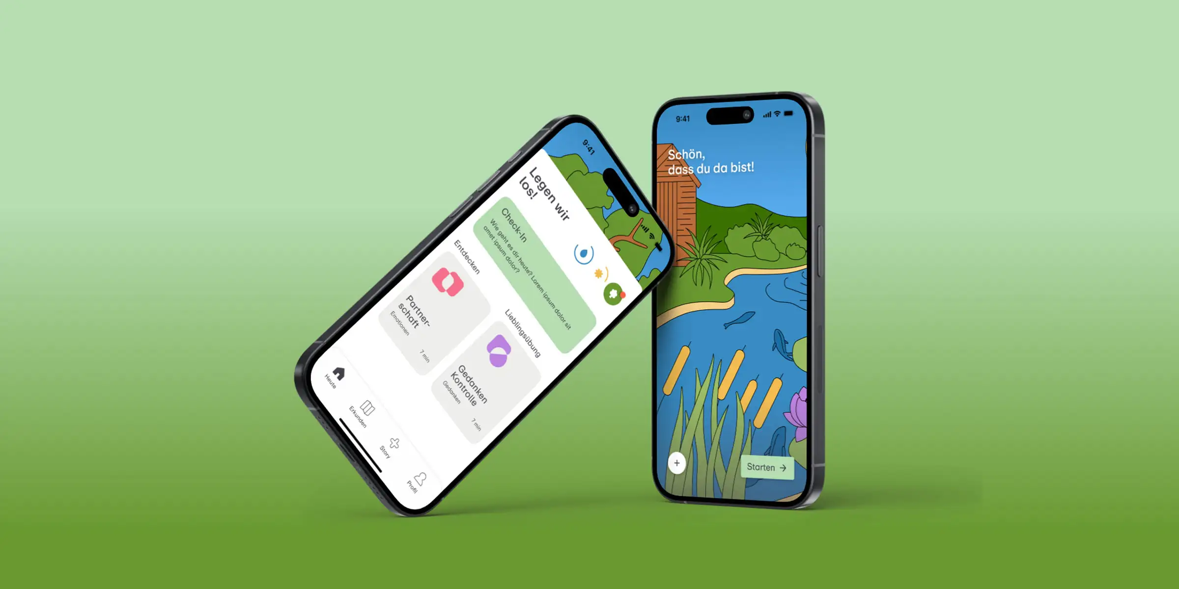 Zwei Smartphone-Bildschirme zeigen die Mindgarden App mit dem Intro-Screen.