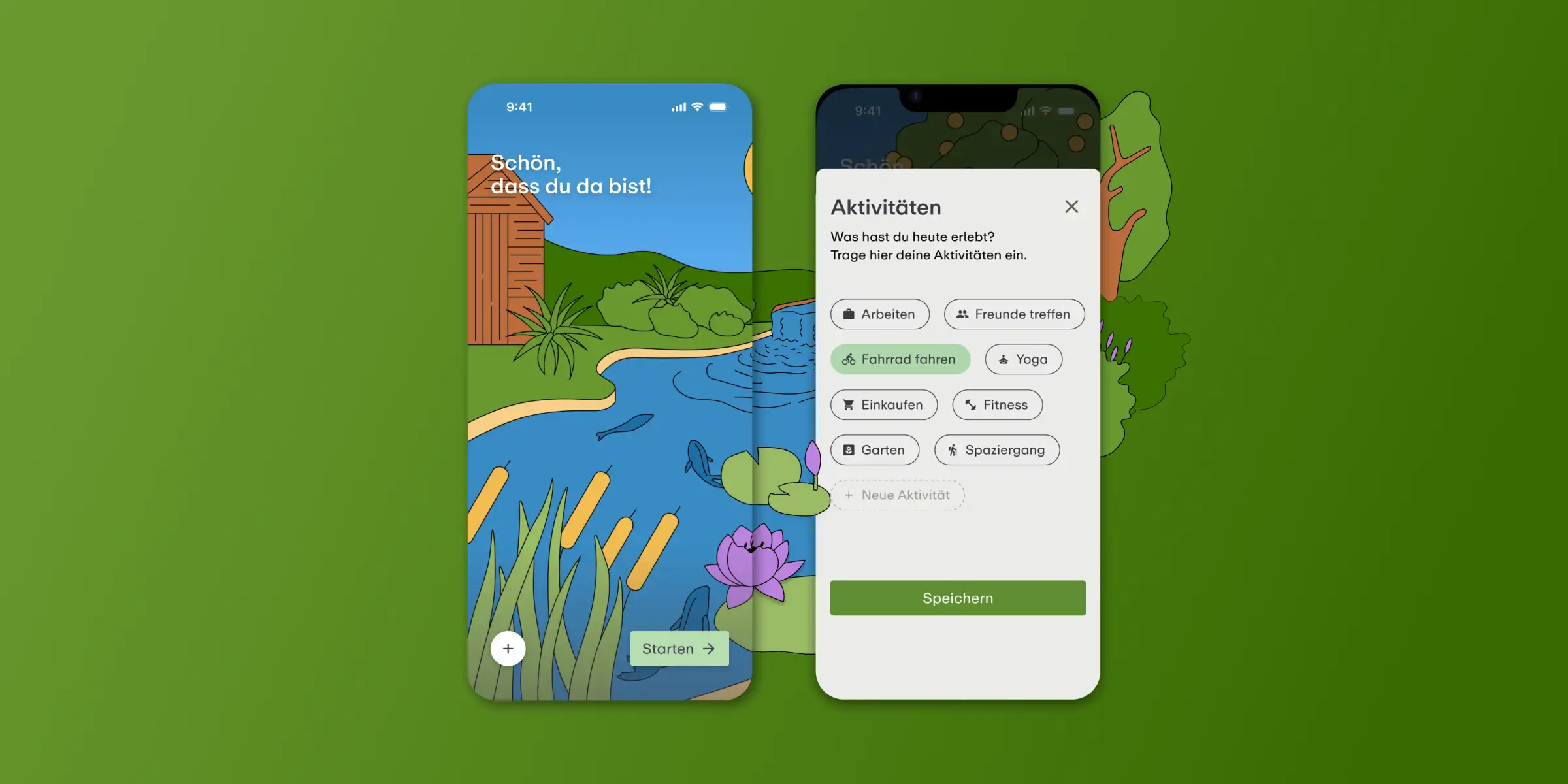 Zwei Smartphone-Bildschirme zeigen die Mindgarden App mit dem Intro-Screen.