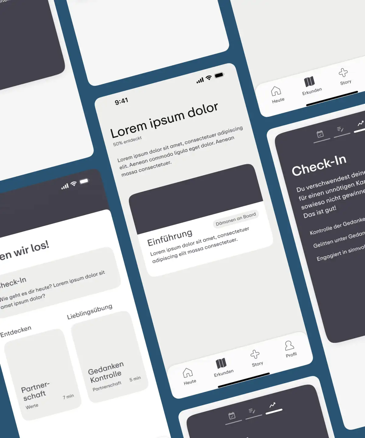 Verschiedene Mobil Screens mit Wireframes Ansichten der App.